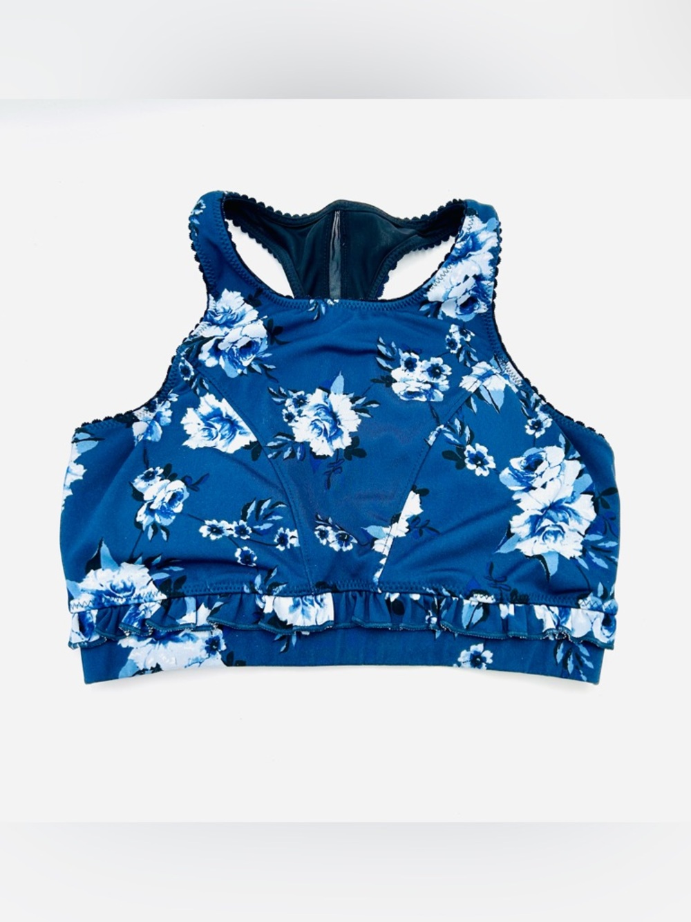 Kate Spade Blue Floral High-Neck Racerback Sports Bra ruffle women size XS